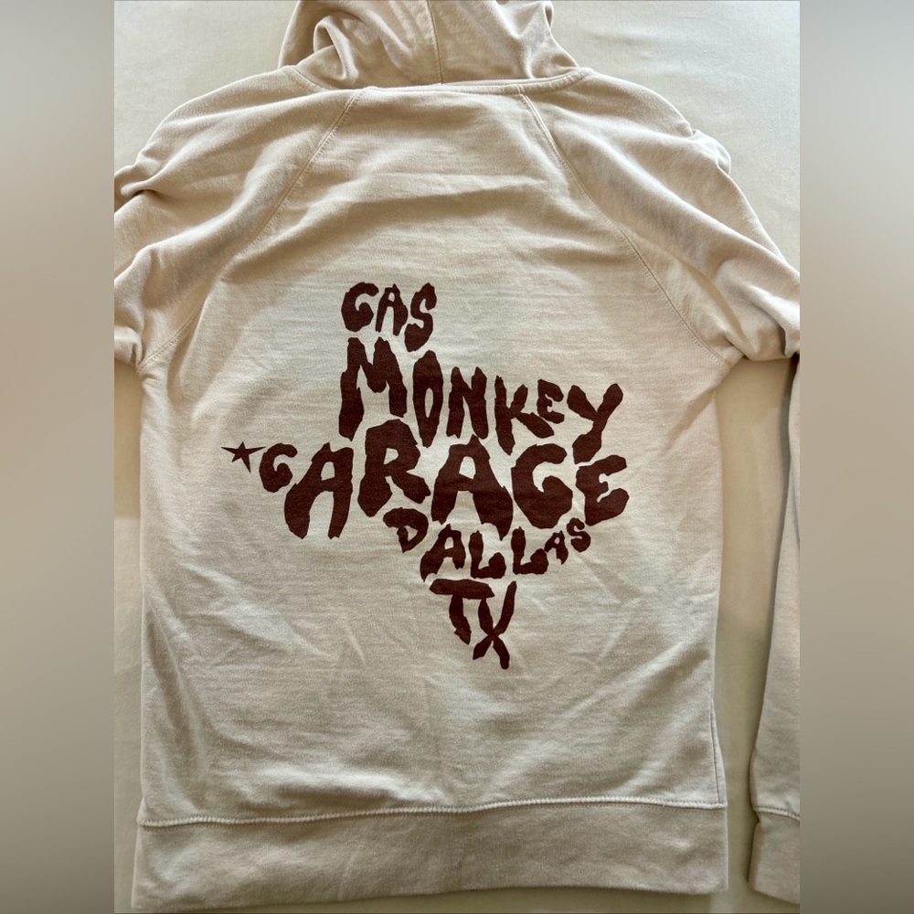 Gas Monkey Garage Dallas Texas tan hoodie Size Small With Zip-up Front